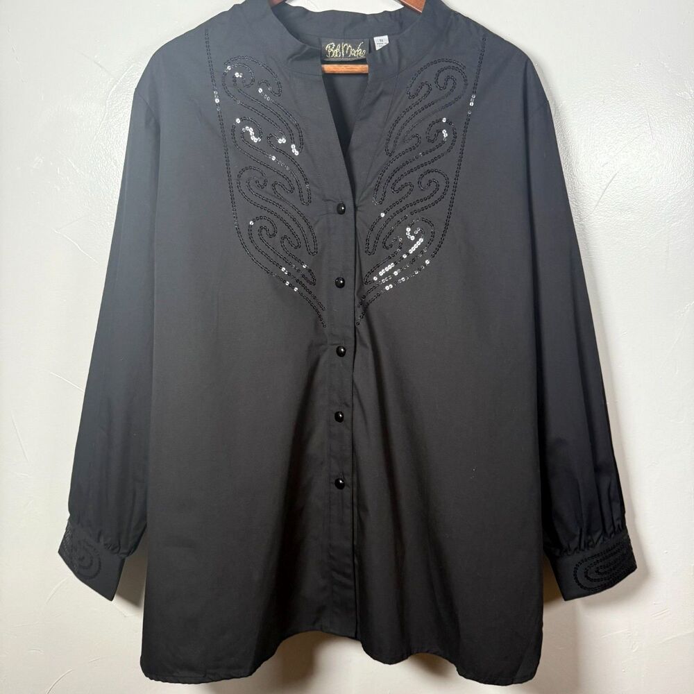 Bob Mackie Wearable Art Shirt Black Women's Size 1X Sequins Event Evening